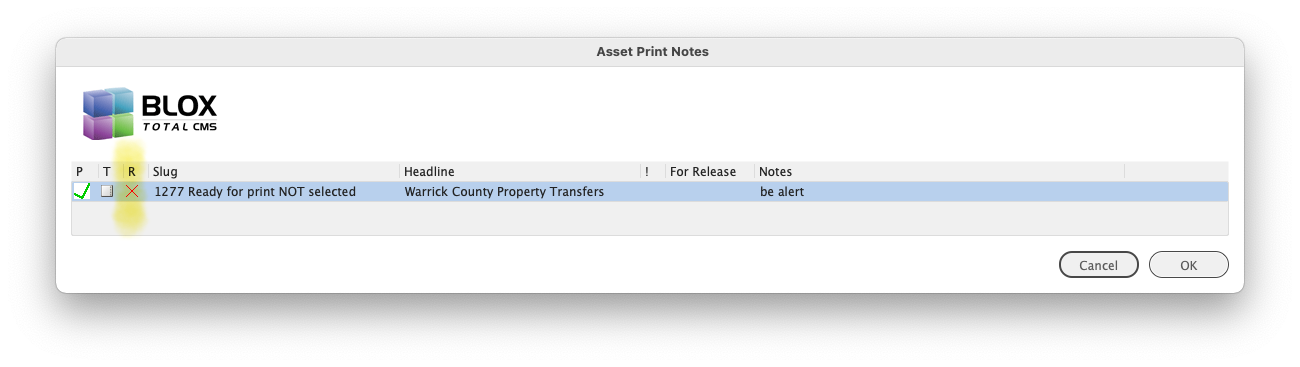 1277 Asset Print Notes showing the Ready for Print column with a NOT ready asset.png
